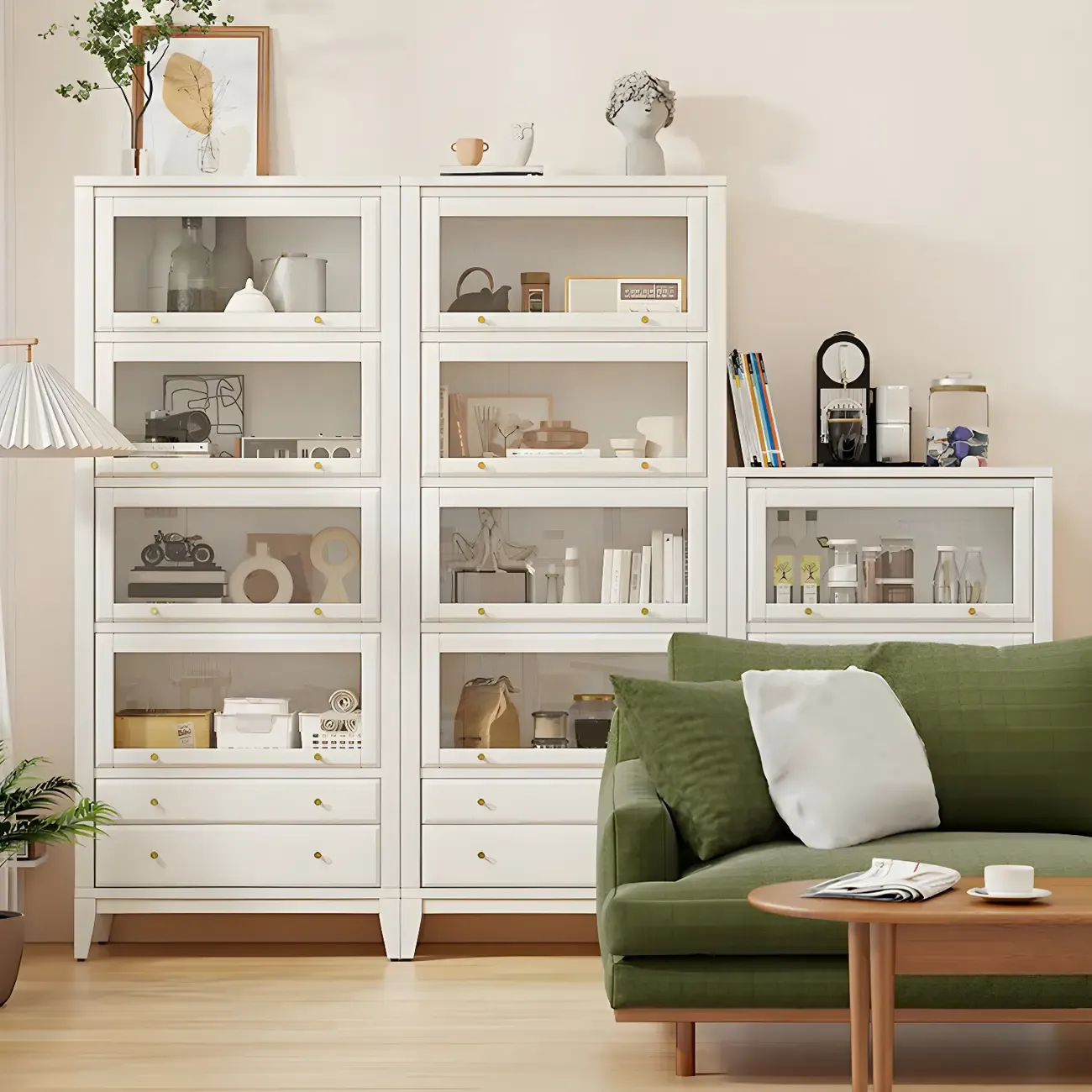 Modern Wooden Display Cabinet with Drawers and Glass Doors Image - 1