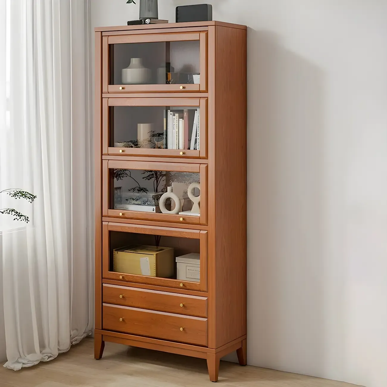 Modern Wooden Display Cabinet with Drawers and Glass Doors Image - 3