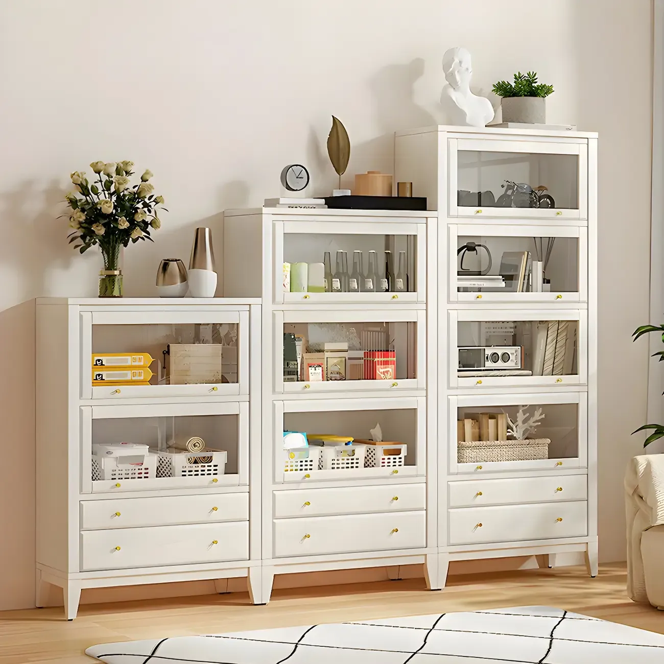 Modern Wooden Display Cabinet with Drawers and Glass Doors Image - 4