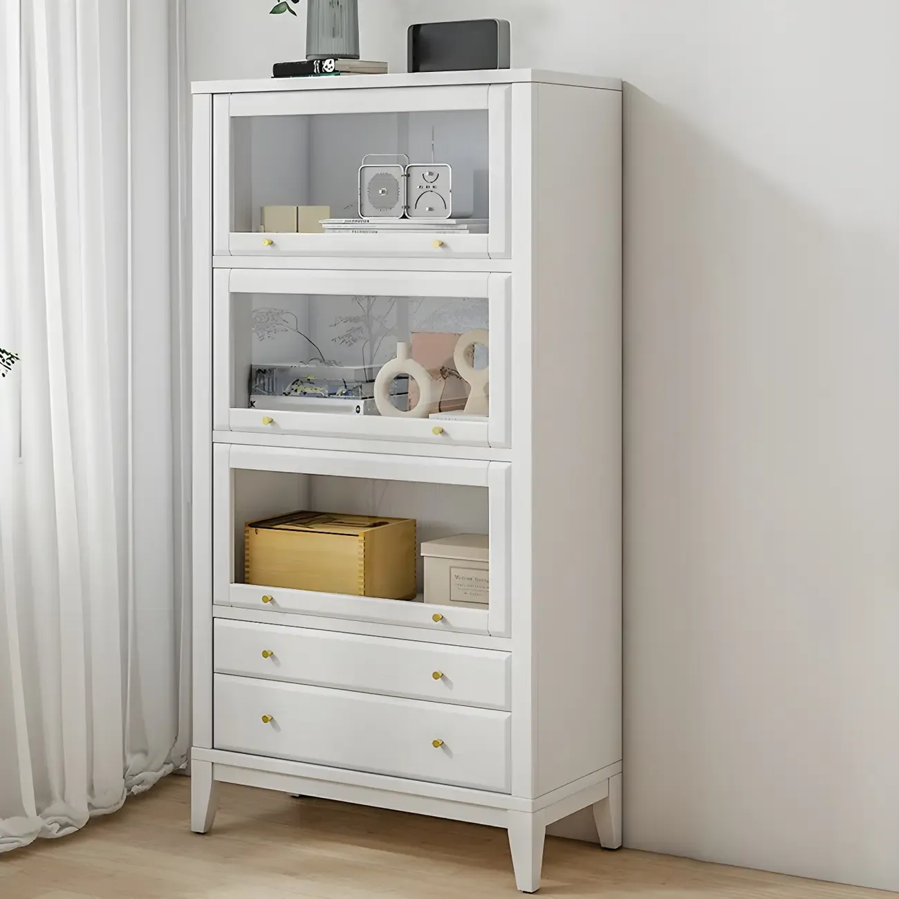 Modern Wooden Display Cabinet with Drawers and Glass Doors Image - 5