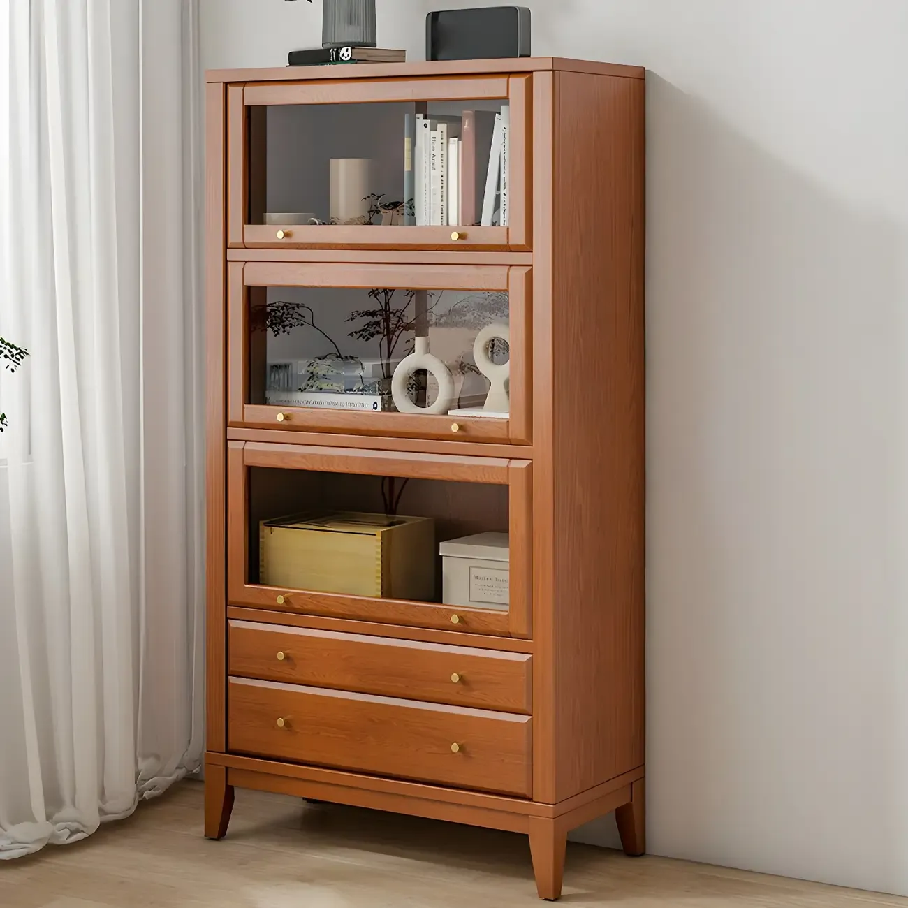 Modern Wooden Display Cabinet with Drawers and Glass Doors Image - 7