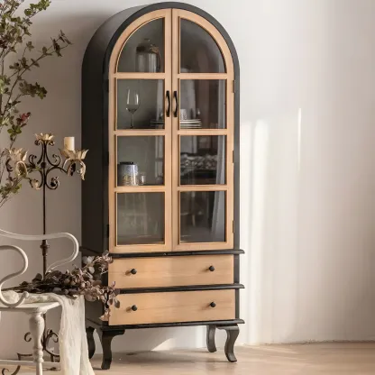 Elegant Pine Wooden Glass Display Cabinet for Dining Room Image - 1