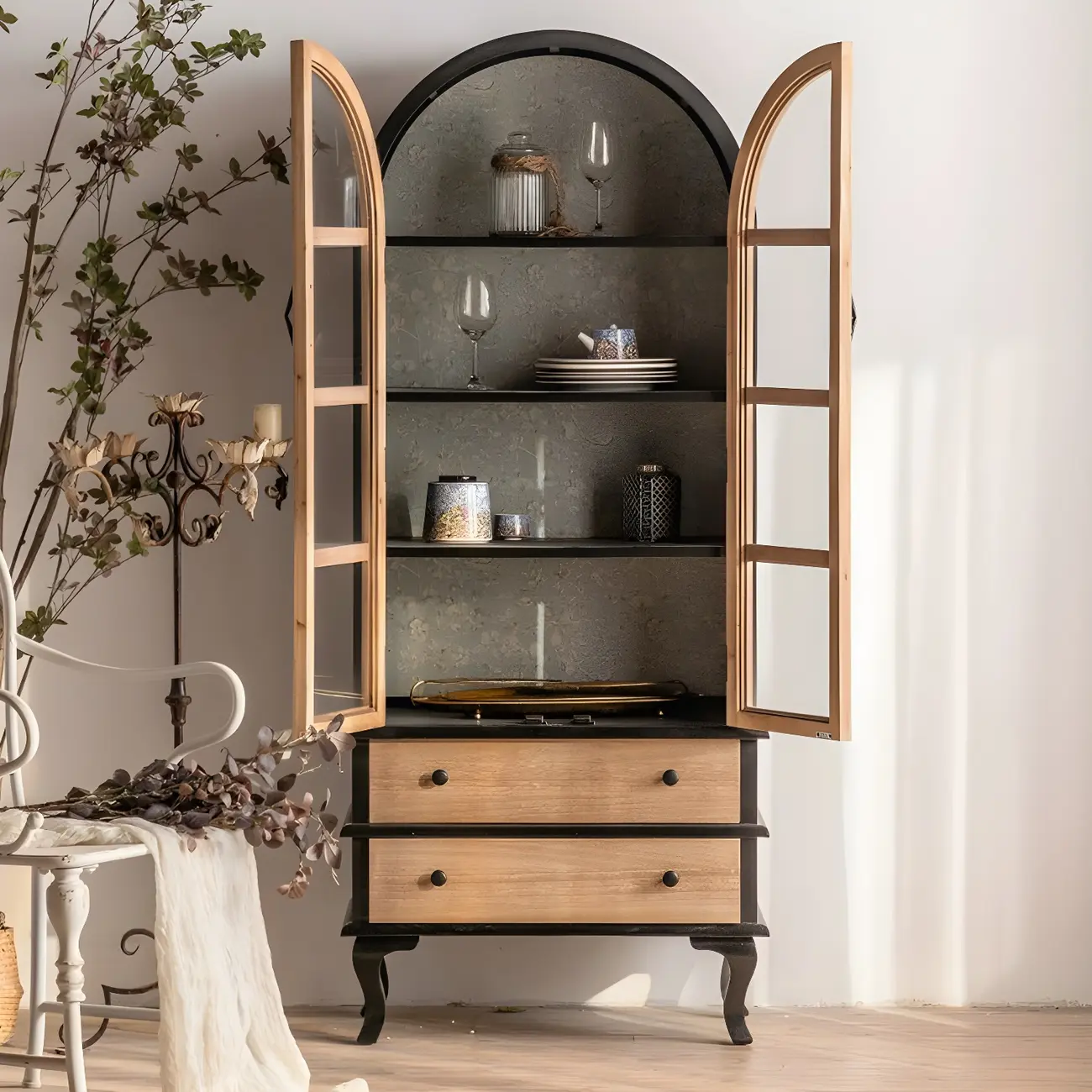 Arched Light Wood Glass Door Display Cabinet with Drawers Image - 10 | homeyfad