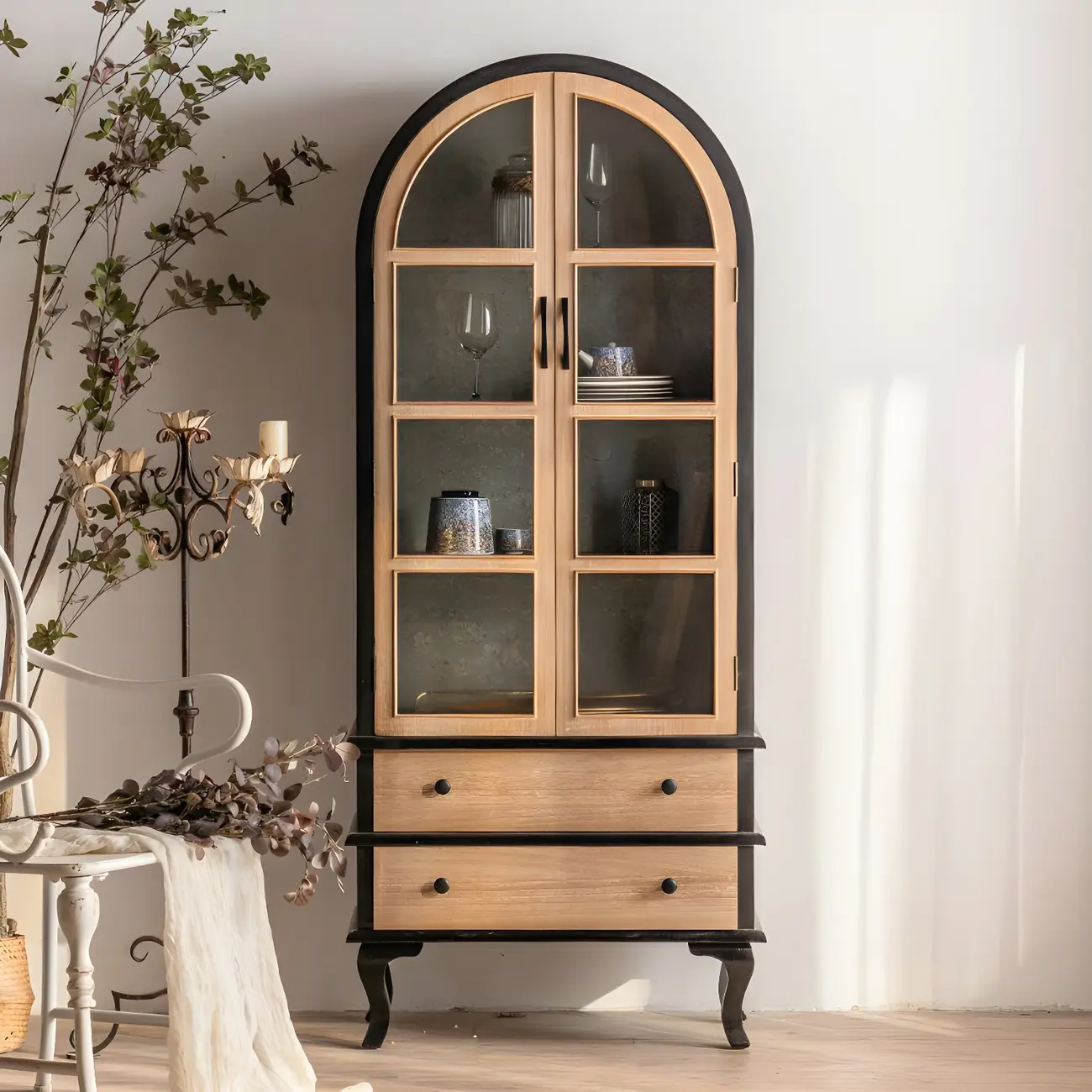 Arched Light Wood Glass Door Display Cabinet with Drawers Image - 17 | homeyfad