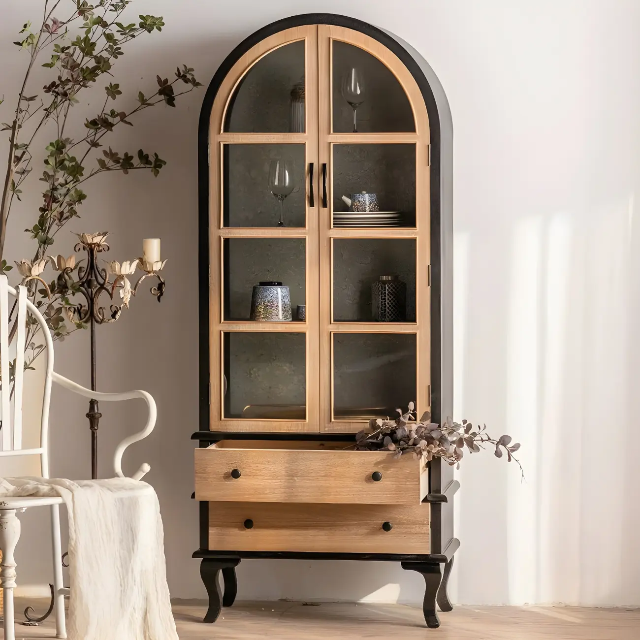 Arched Light Wood Glass Door Display Cabinet with Drawers Image - 12 | homeyfad