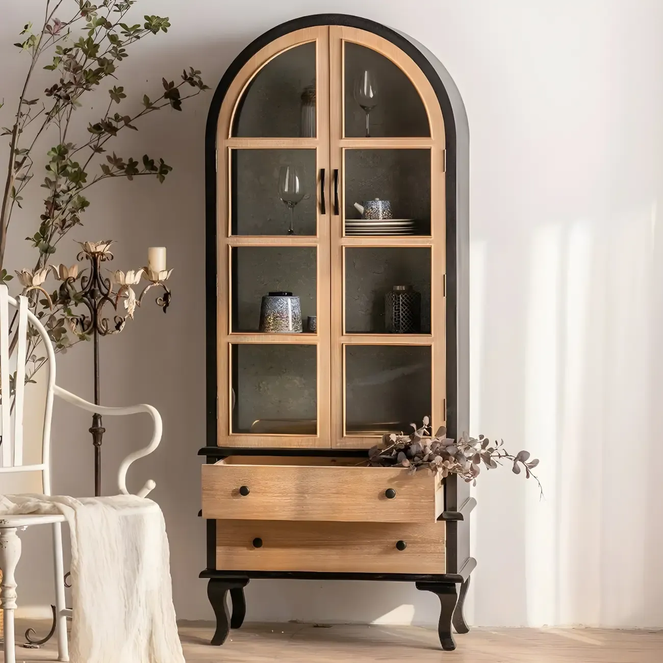Elegant Pine Wooden Glass Display Cabinet for Dining Room Image - 5