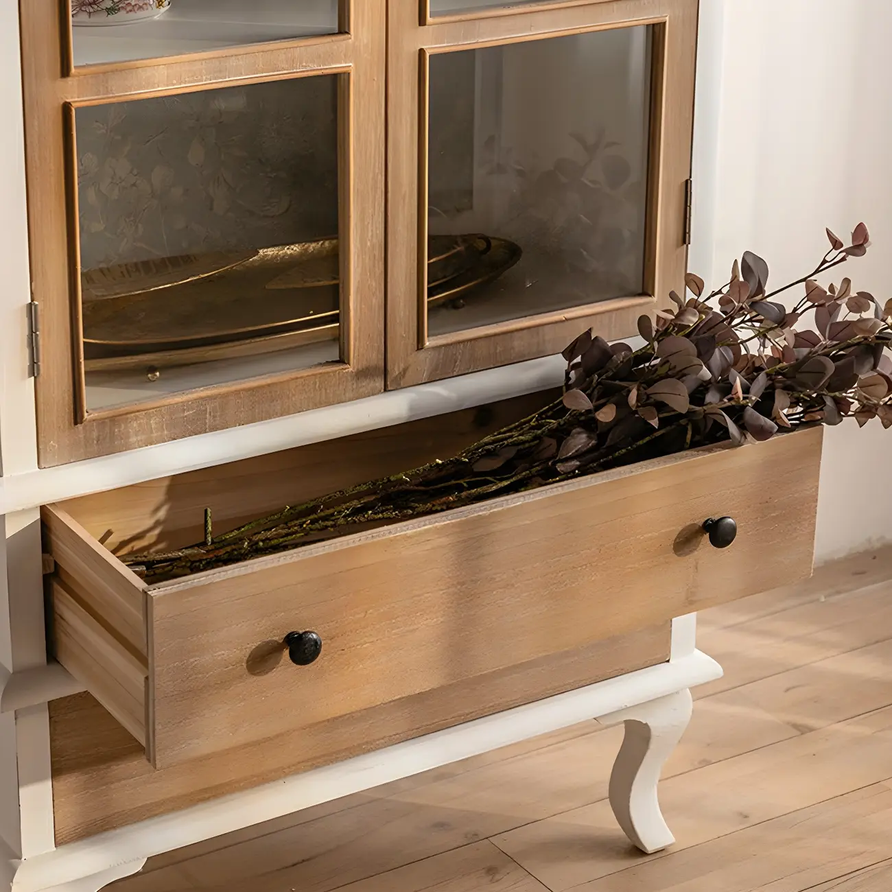 Arched Light Wood Glass Door Display Cabinet with Drawers Image - 6 | homeyfad