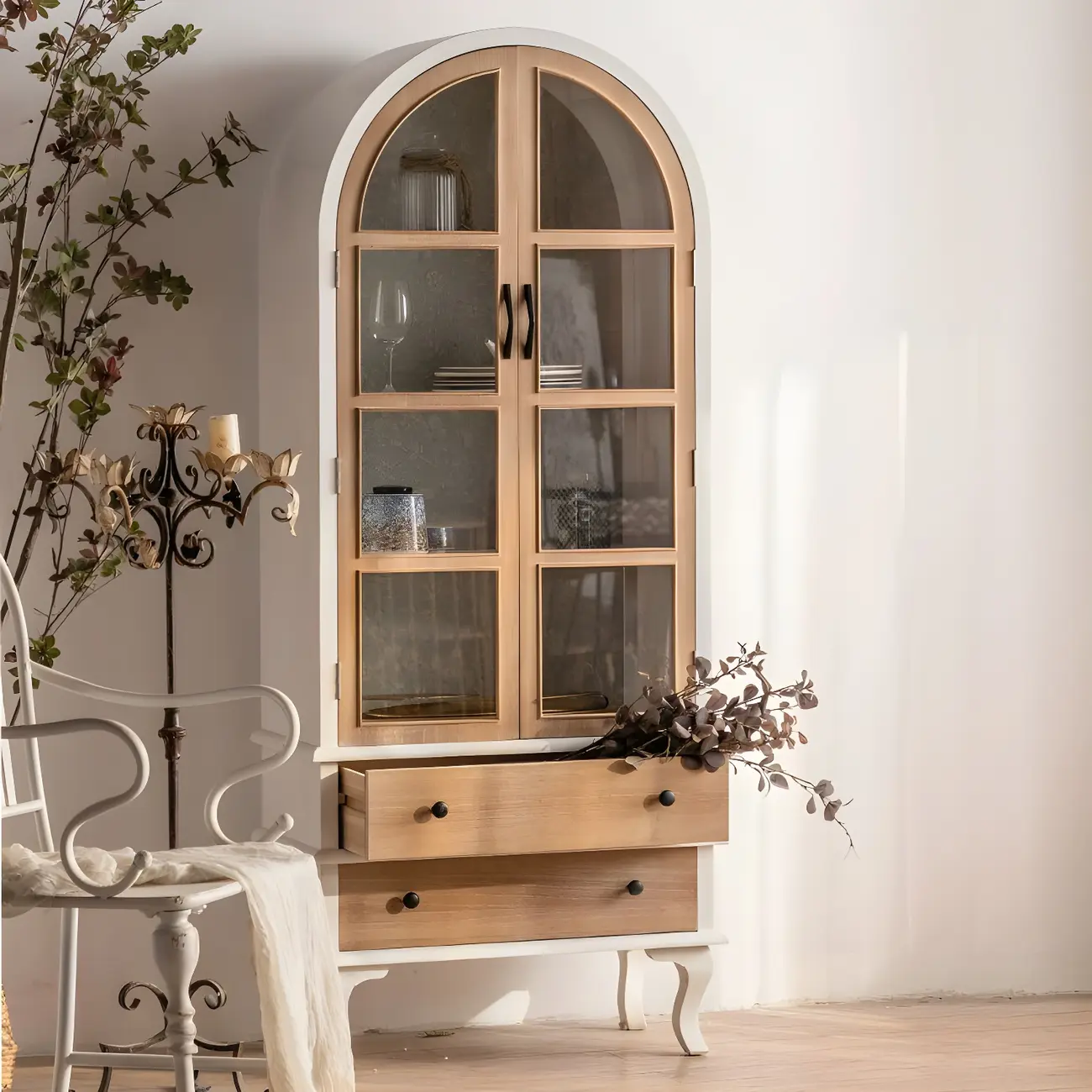 Arched Light Wood Glass Door Display Cabinet with Drawers Image - 5 | homeyfad