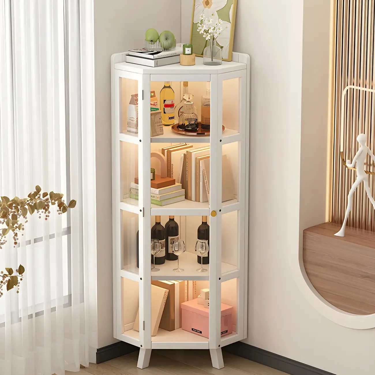 Multi-Shelf Bamboo White Corner Curio Cabinet Image - 1