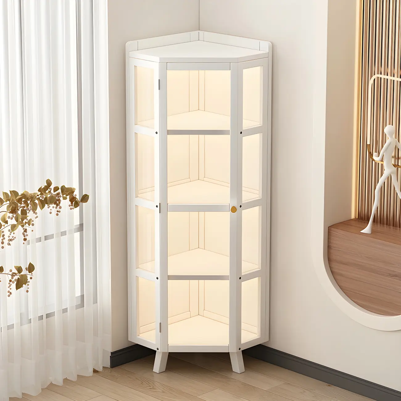 Multi-Shelf Bamboo White Corner Curio Cabinet Image - 2 | homeyfad