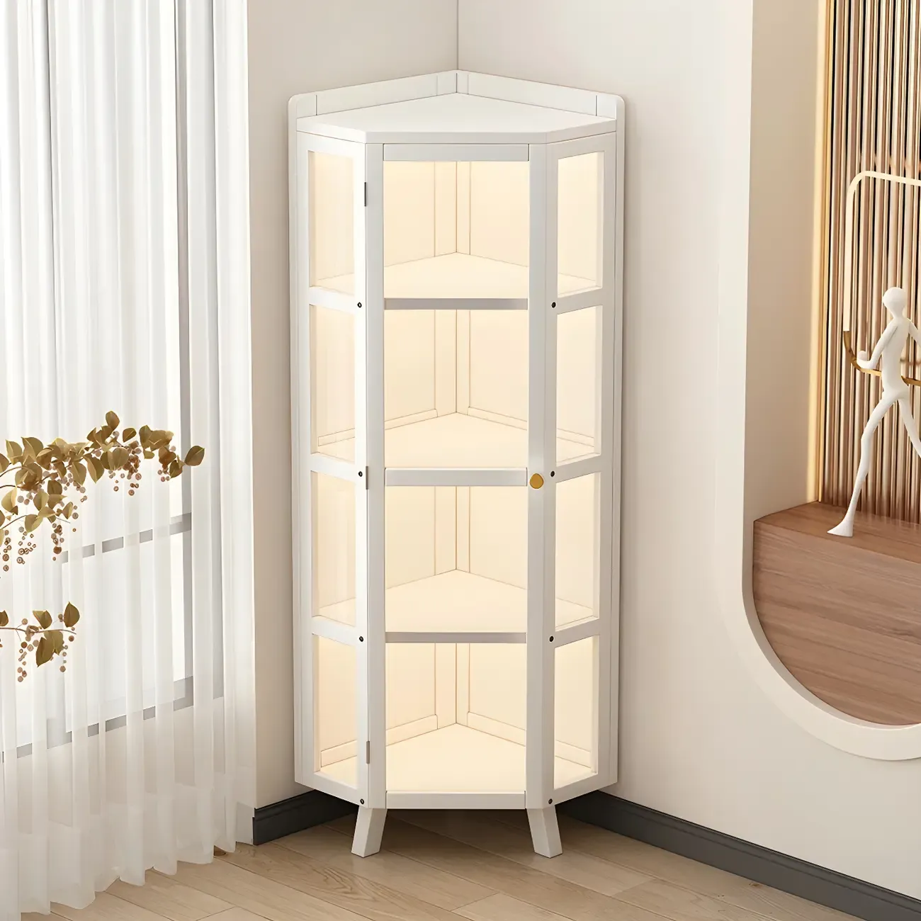 Multi-Shelf Bamboo White Corner Curio Cabinet Image - 2