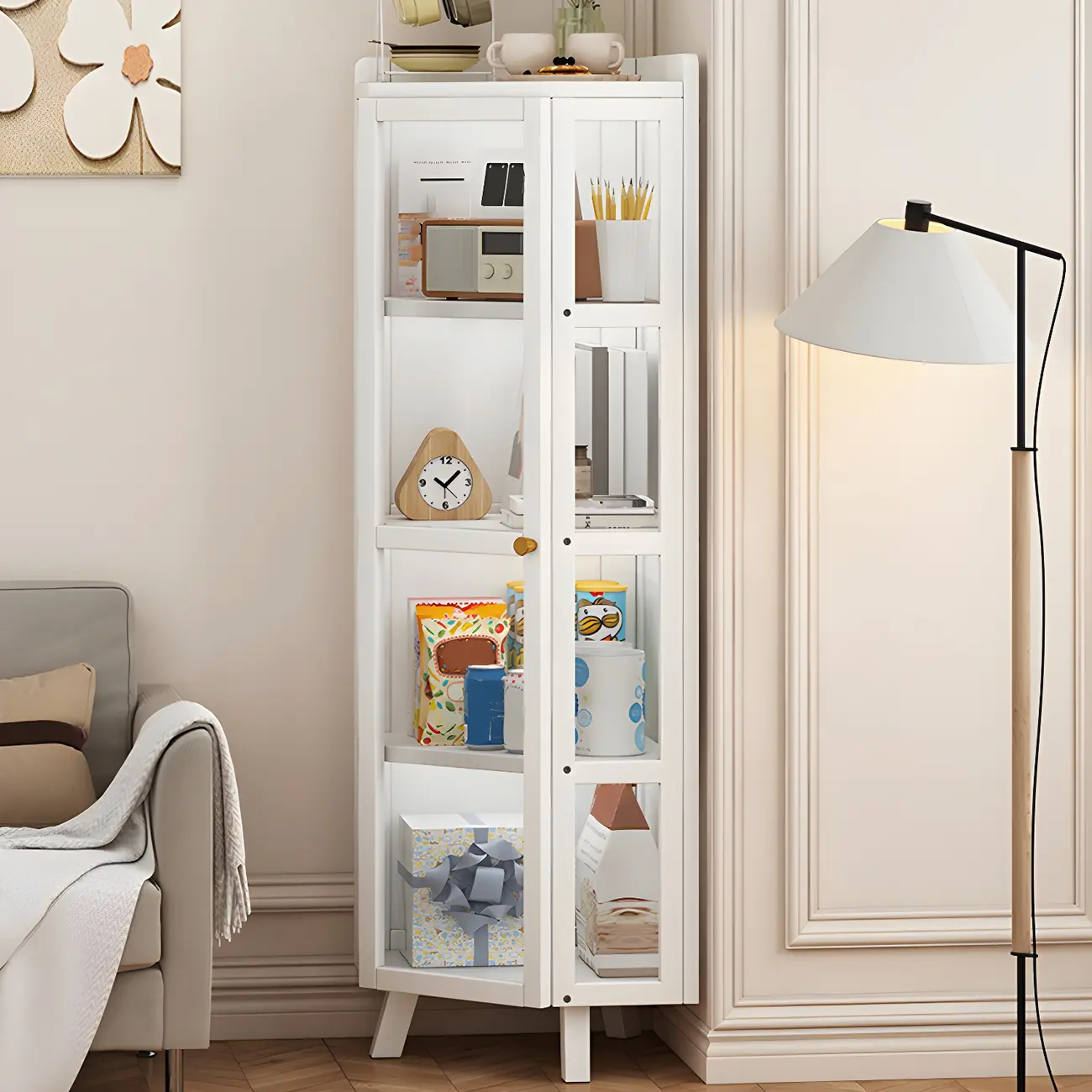 Multi-Shelf Bamboo White Corner Curio Cabinet Image - 3 | homeyfad