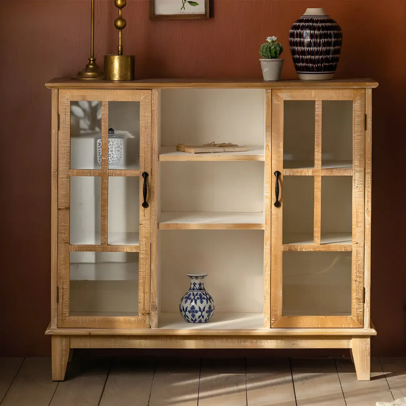Vintage Natural Wood Display Cabinet with Glass Doors for Kitchen Image - 2