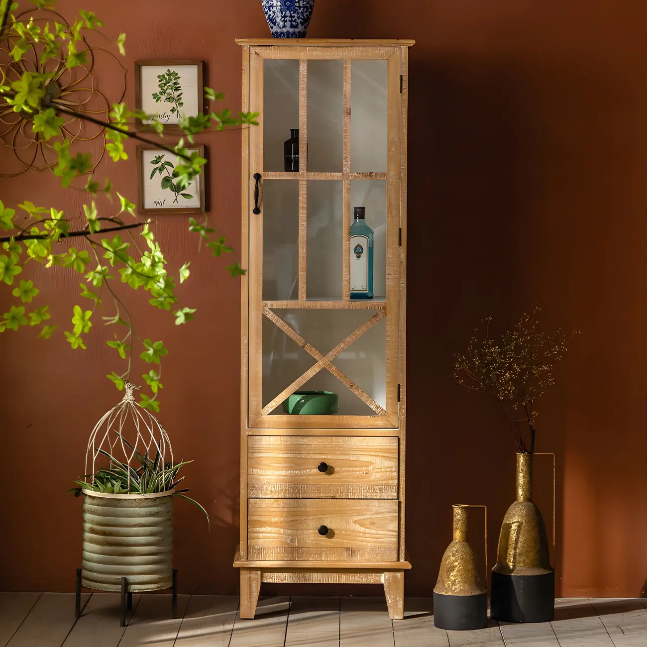 Vintage Natural Wood Display Cabinet with Glass Doors for Kitchen Image - 3 | homeyfad