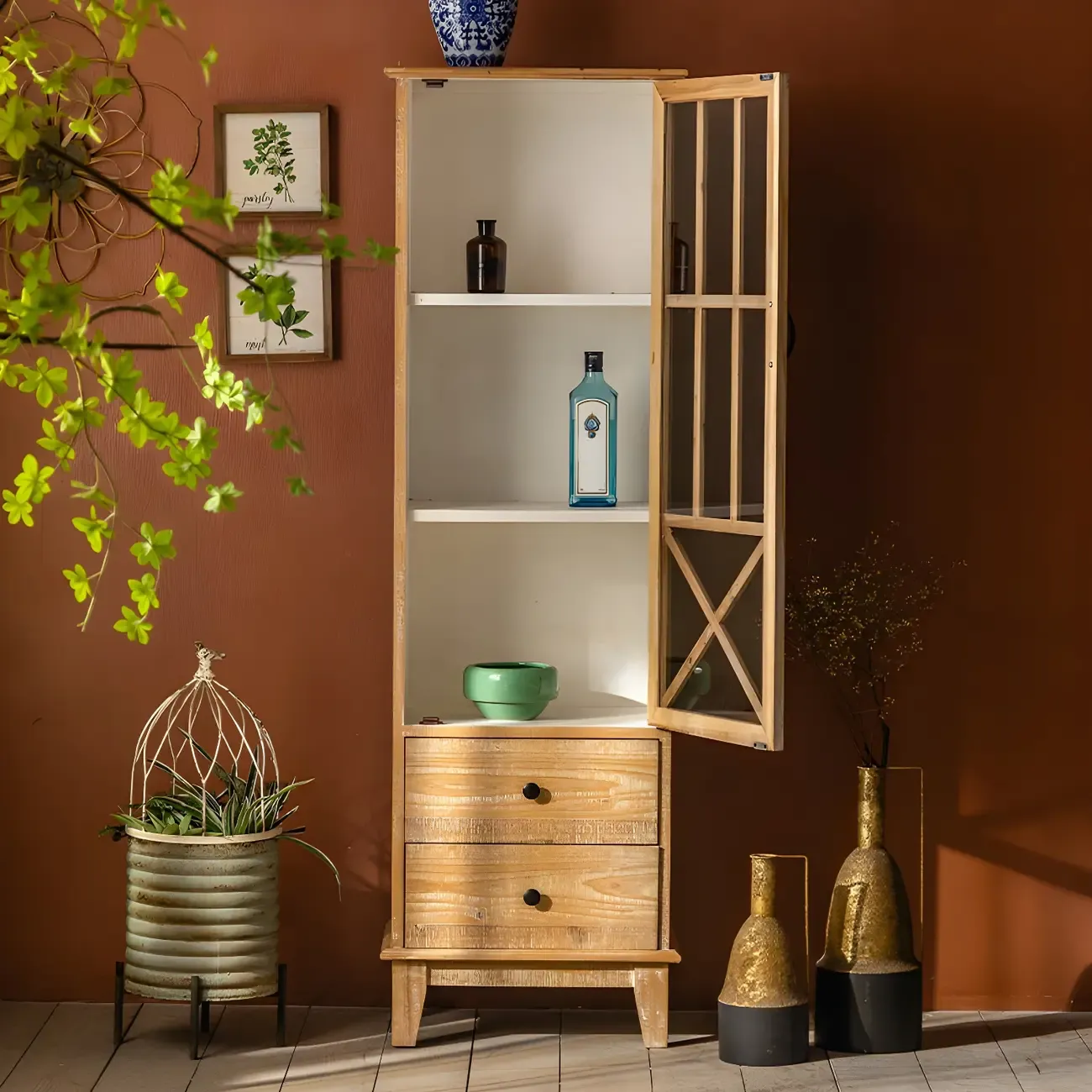 Vintage Natural Wood Display Cabinet with Glass Doors for Kitchen Image - 5