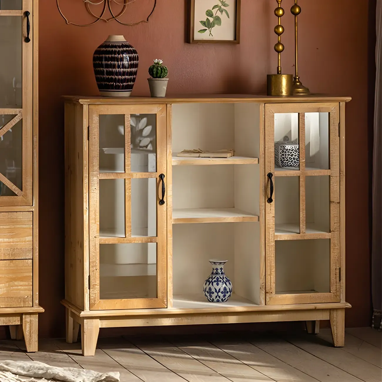 Vintage Natural Wood Display Cabinet with Glass Doors for Kitchen Image - 6