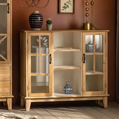 Vintage Natural Wood Display Cabinet with Glass Doors for Kitchen Image - 6