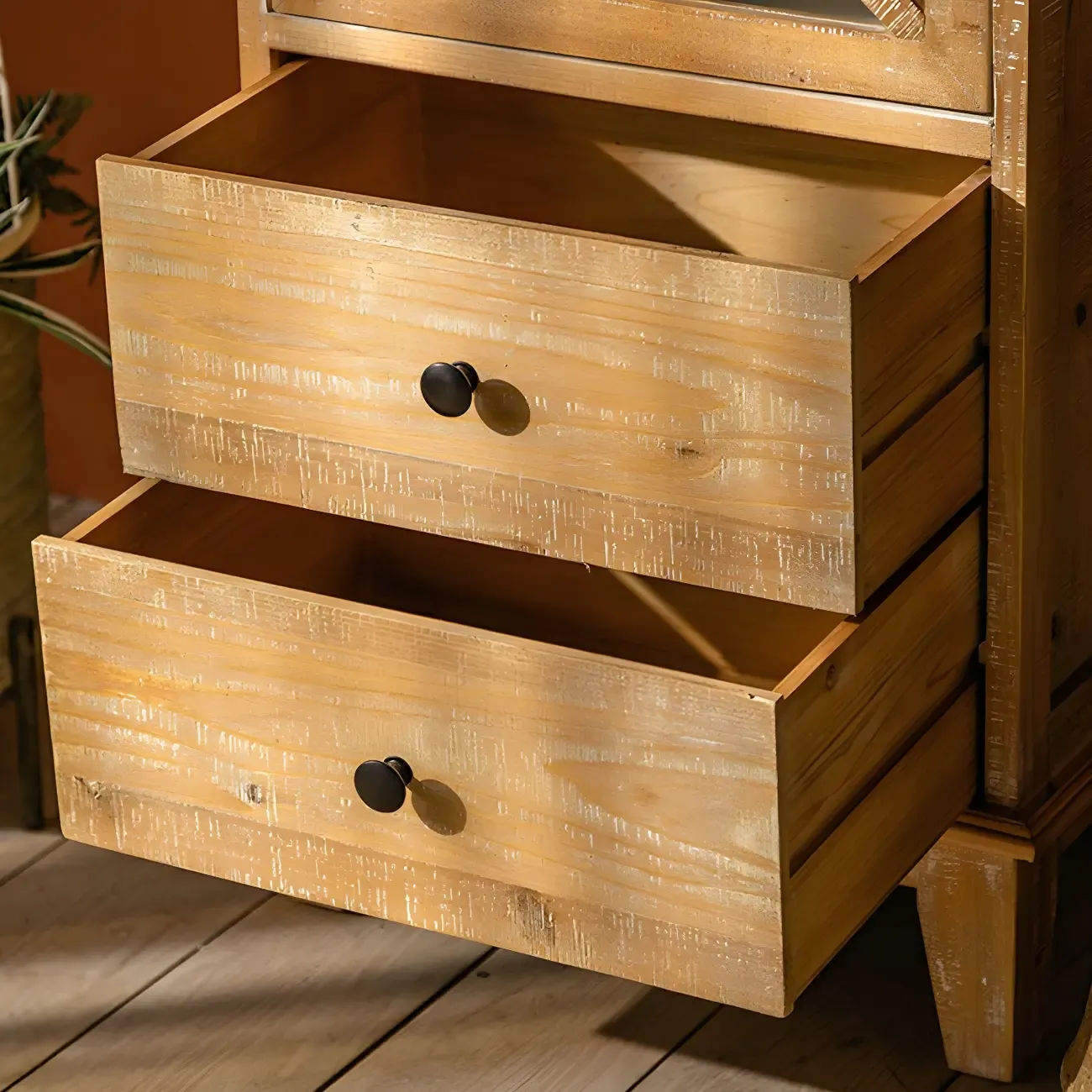 Vintage Natural Wood Display Cabinet with Glass Doors for Kitchen Image - 8