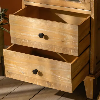 Vintage Natural Wood Display Cabinet with Glass Doors for Kitchen Image - 8