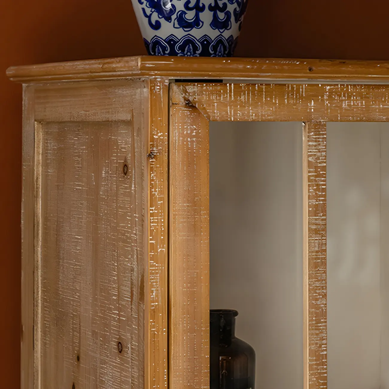 Vintage Natural Wood Display Cabinet with Glass Doors for Kitchen Image - 11 | homeyfad
