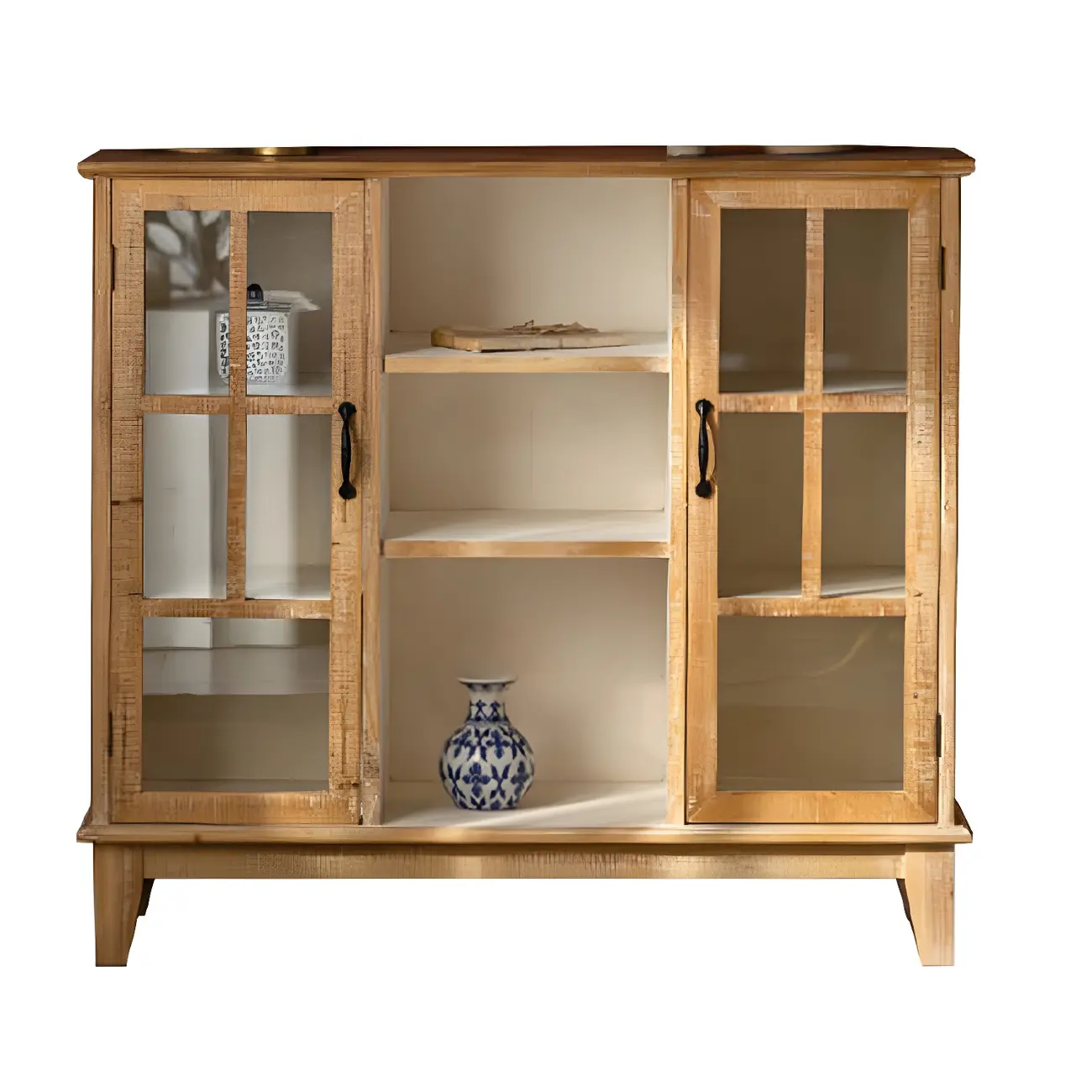 Vintage Natural Wood Display Cabinet with Glass Doors for Kitchen Image - 13 | homeyfad