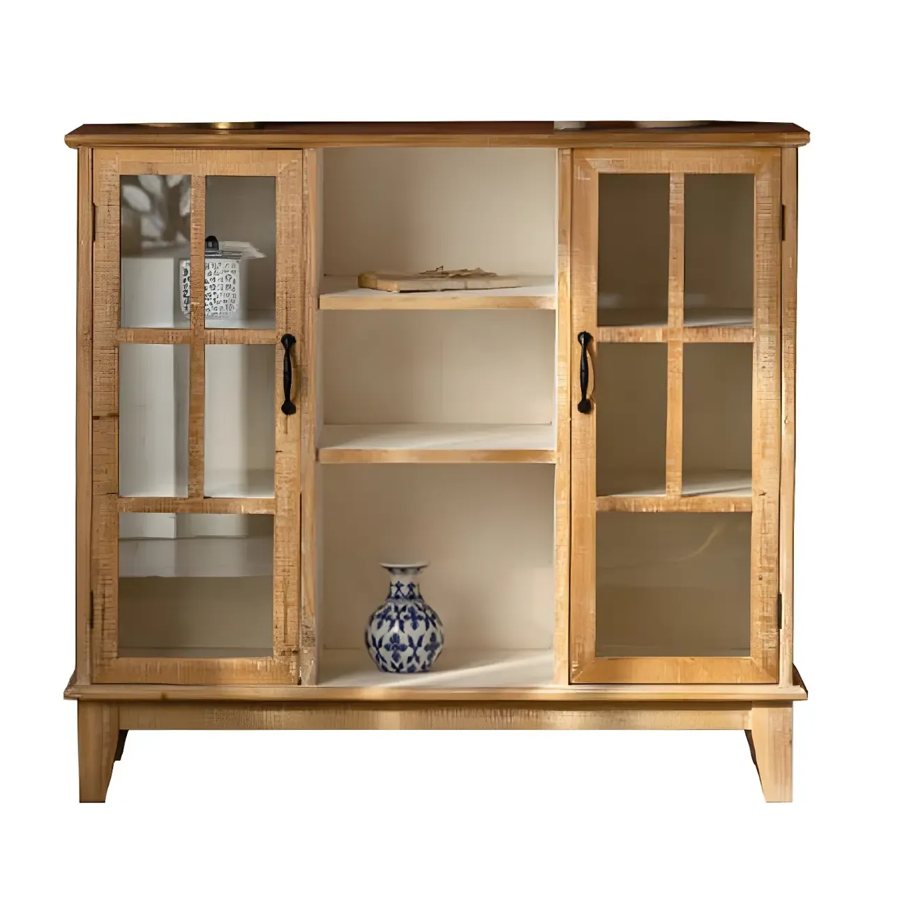 Vintage Natural Wood Display Cabinet with Glass Doors for Kitchen Image - 13
