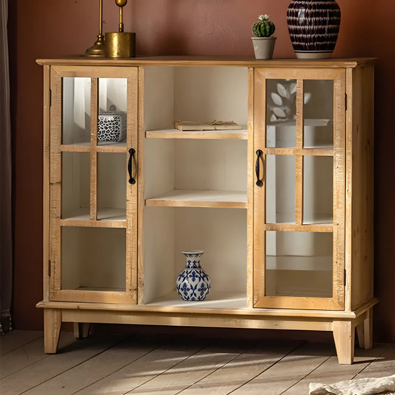 Vintage Natural Wood Display Cabinet with Glass Doors for Kitchen Image - 14