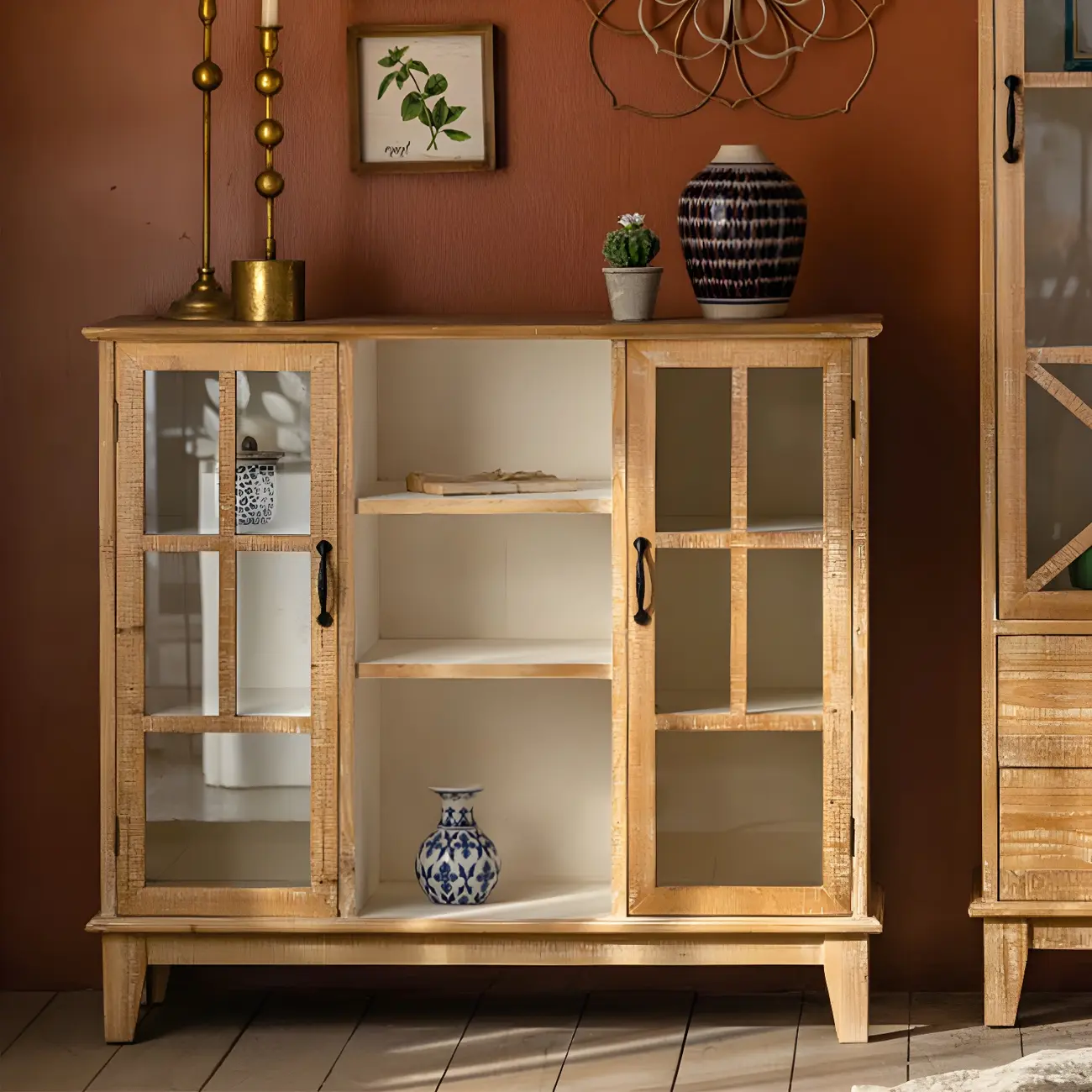 Vintage Natural Wood Display Cabinet with Glass Doors for Kitchen Image - 15 | homeyfad