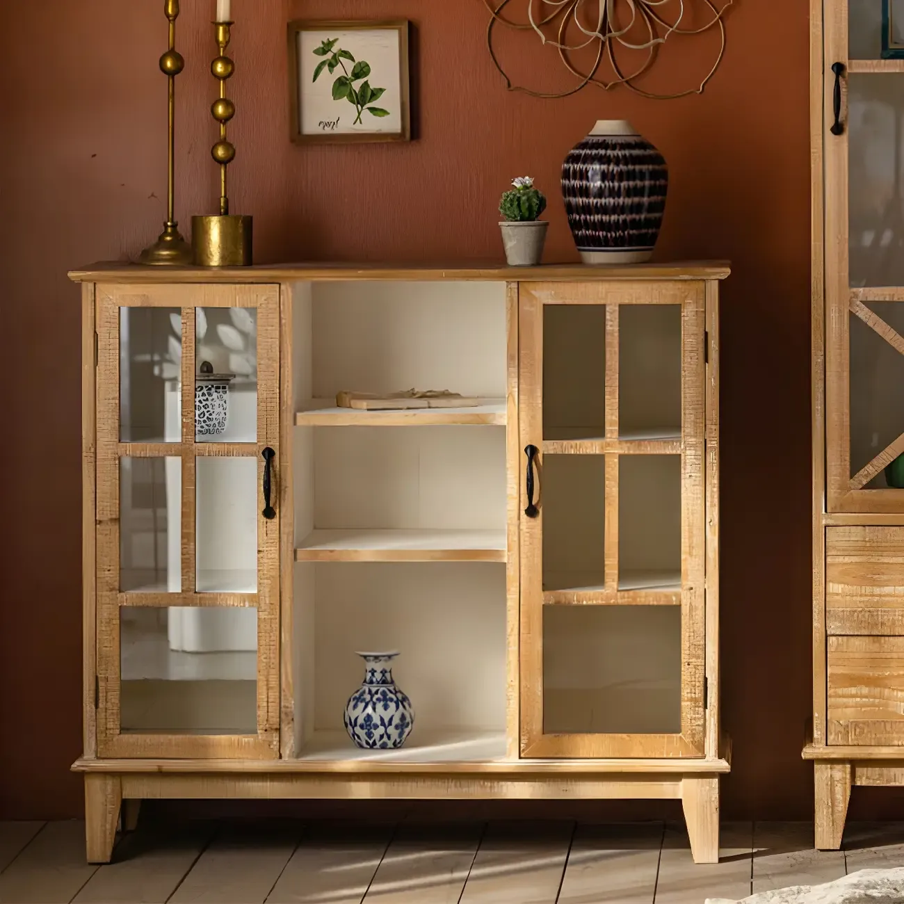 Vintage Natural Wood Display Cabinet with Glass Doors for Kitchen Image - 15