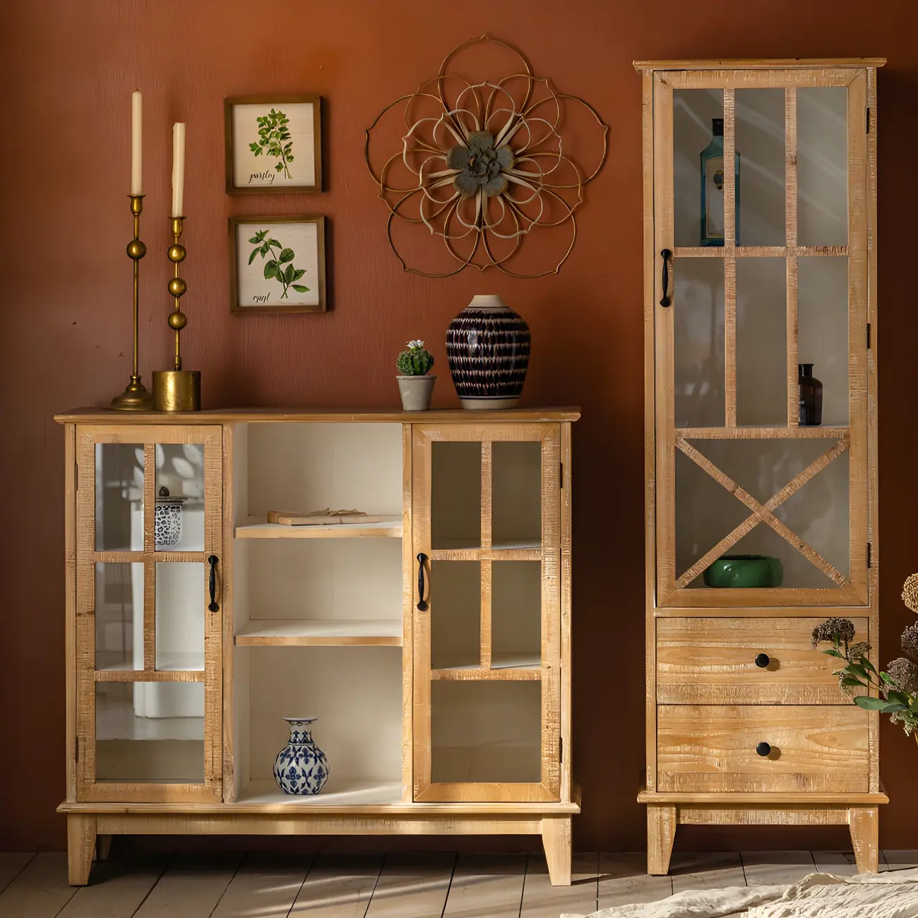 Vintage Natural Wood Display Cabinet with Glass Doors for Kitchen Image - 16 | homeyfad
