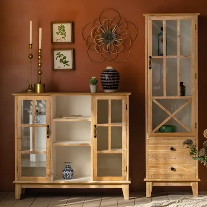 Vintage Natural Wood Display Cabinet with Glass Doors for Kitchen Image - 16