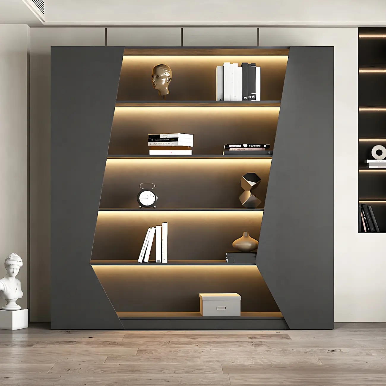 Contemporary Grey Wooden Display Cabinet with LED Shelves Image - 1 | homeyfad