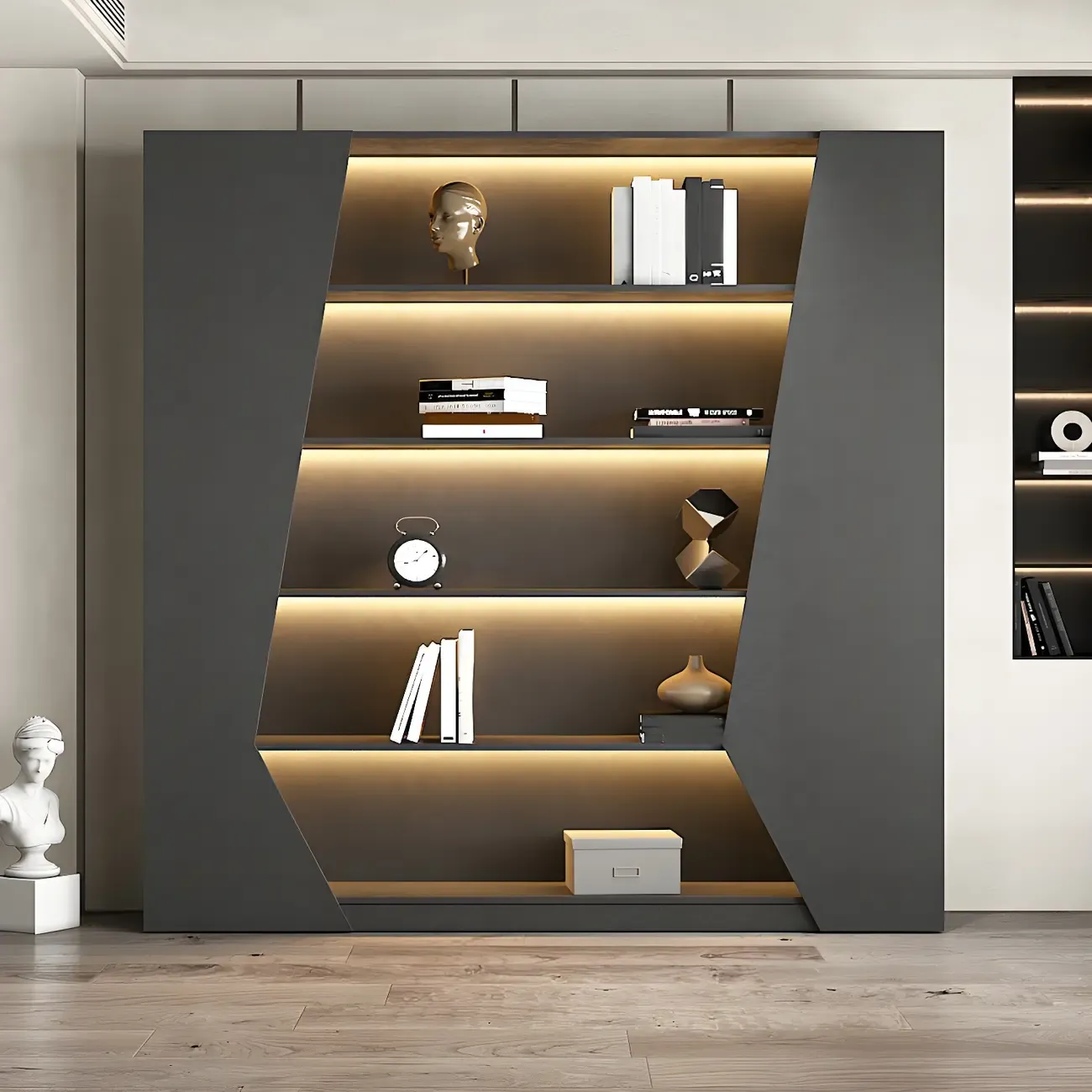 Contemporary Grey Wooden Display Cabinet with LED Shelves Image - 1