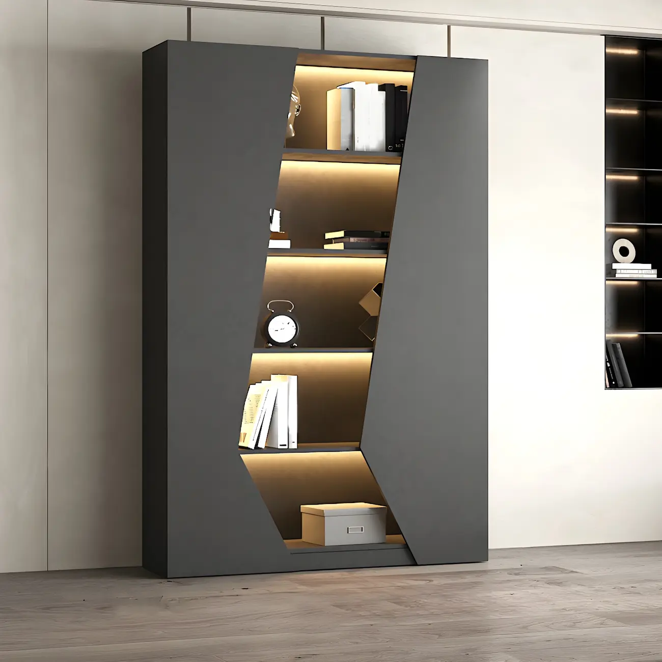 Contemporary Grey Wooden Display Cabinet with LED Shelves Image - 3 | homeyfad