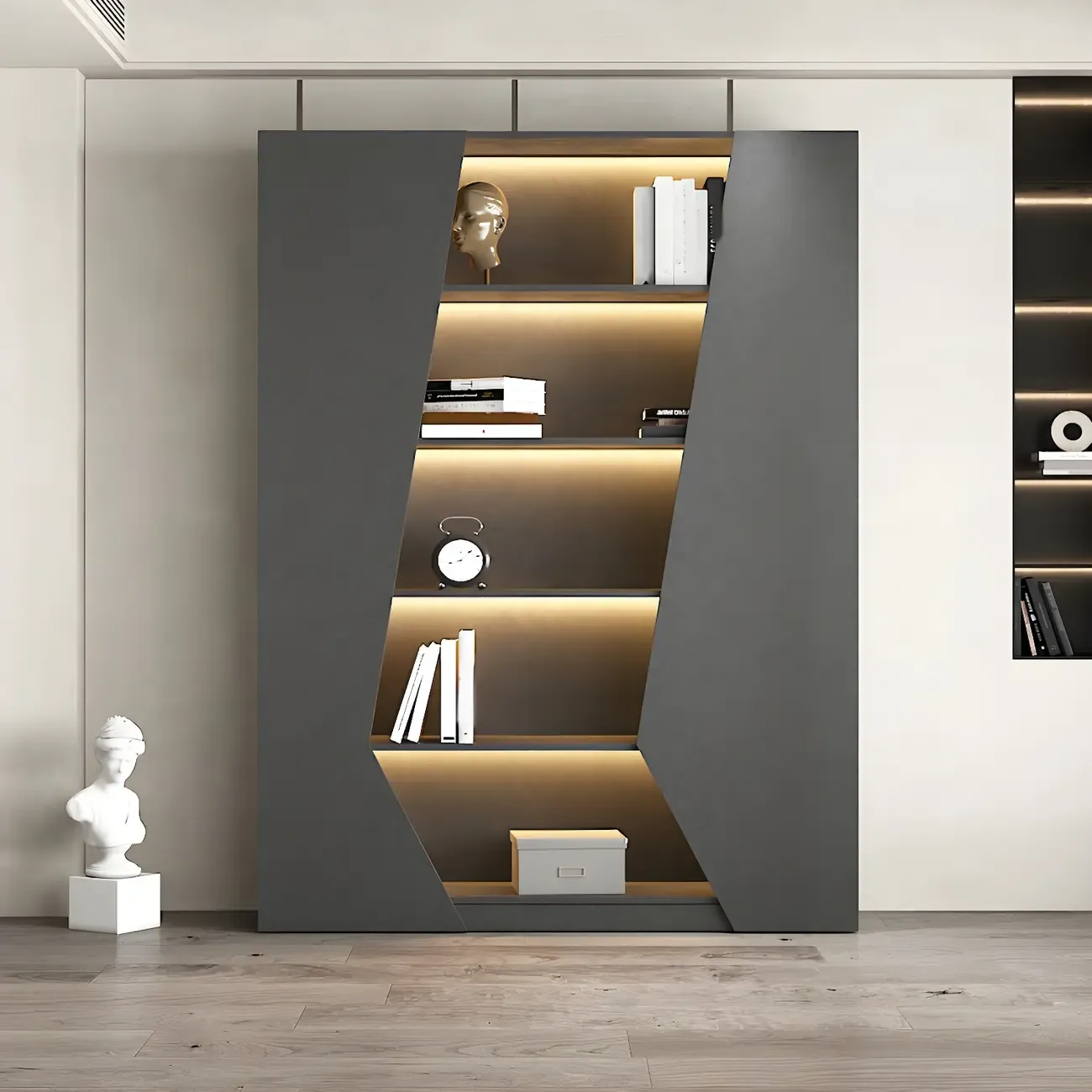 Contemporary Grey Wooden Display Cabinet with LED Shelves Image - 4