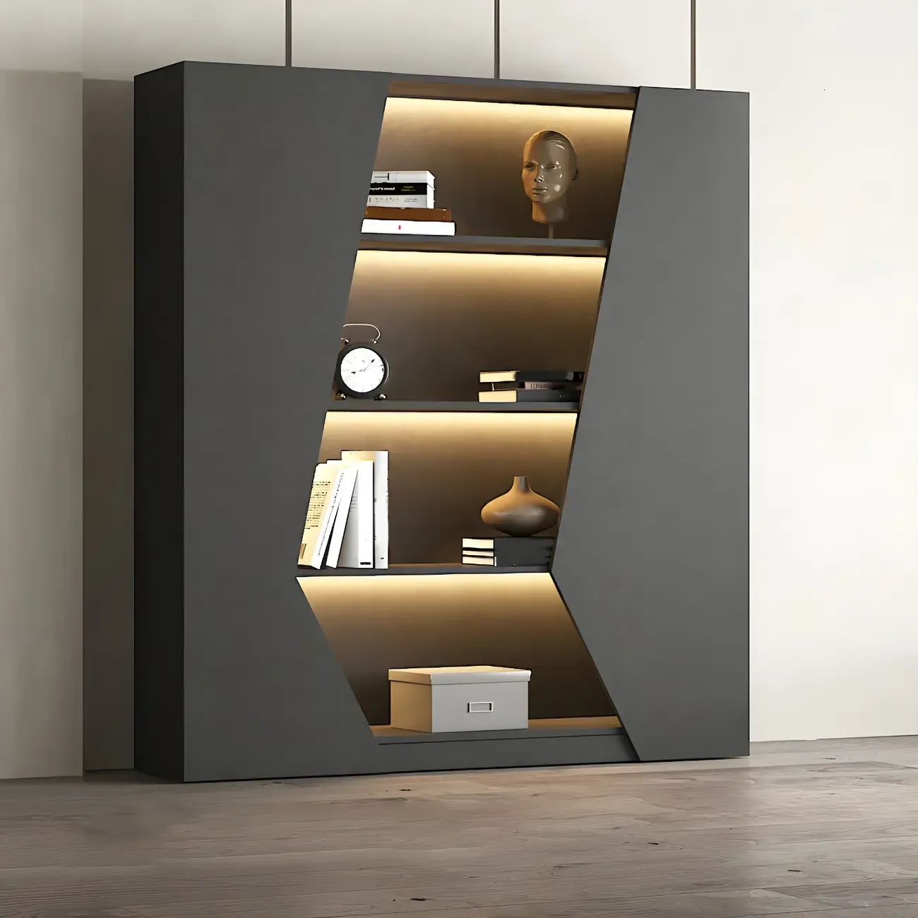 Contemporary Grey Wooden Display Cabinet with LED Shelves Image - 5