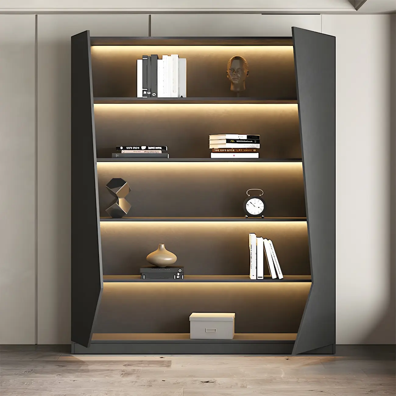 Contemporary Grey Wooden Display Cabinet with LED Shelves Image - 6 | homeyfad