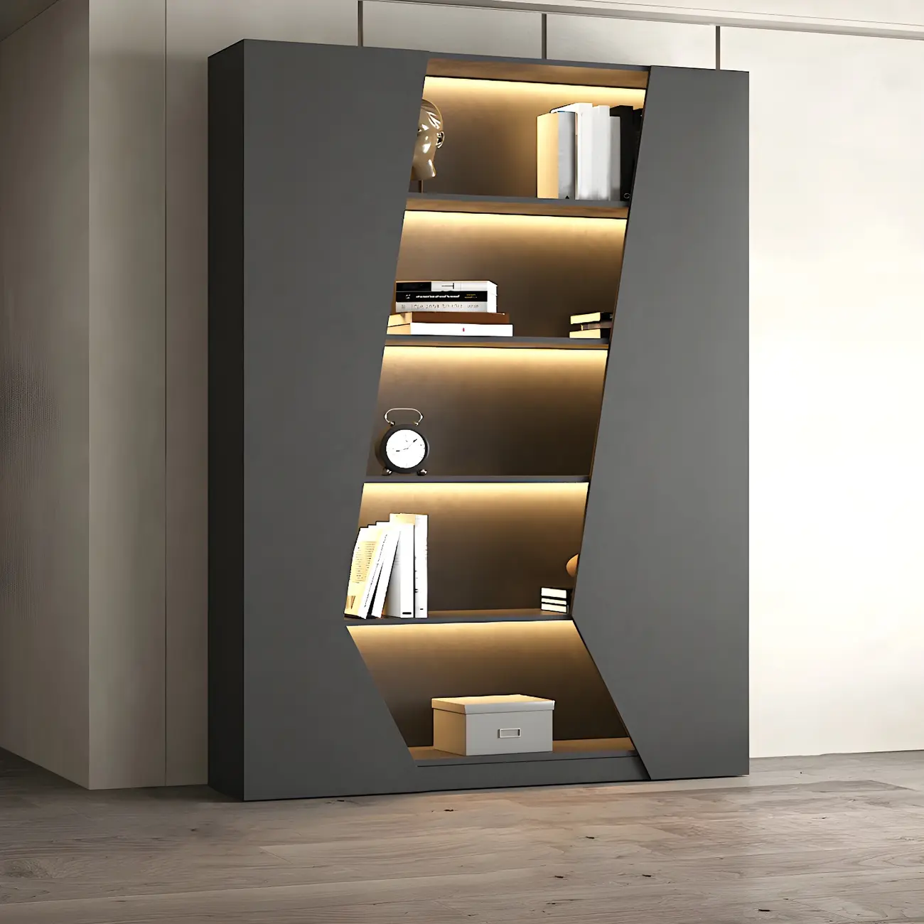 Contemporary Grey Wooden Display Cabinet with LED Shelves Image - 7 | homeyfad