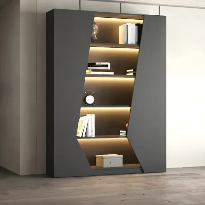 Contemporary Grey Wooden Display Cabinet with LED Shelves Image - 7