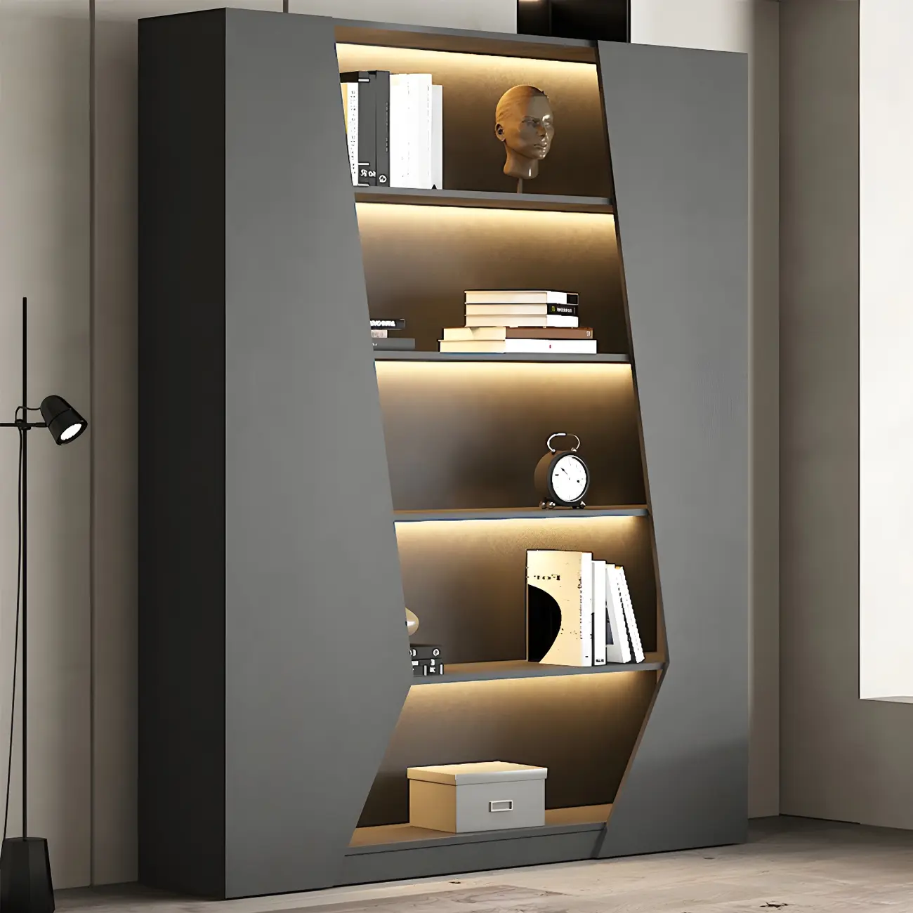 Contemporary Grey Wooden Display Cabinet with LED Shelves Image - 8 | homeyfad