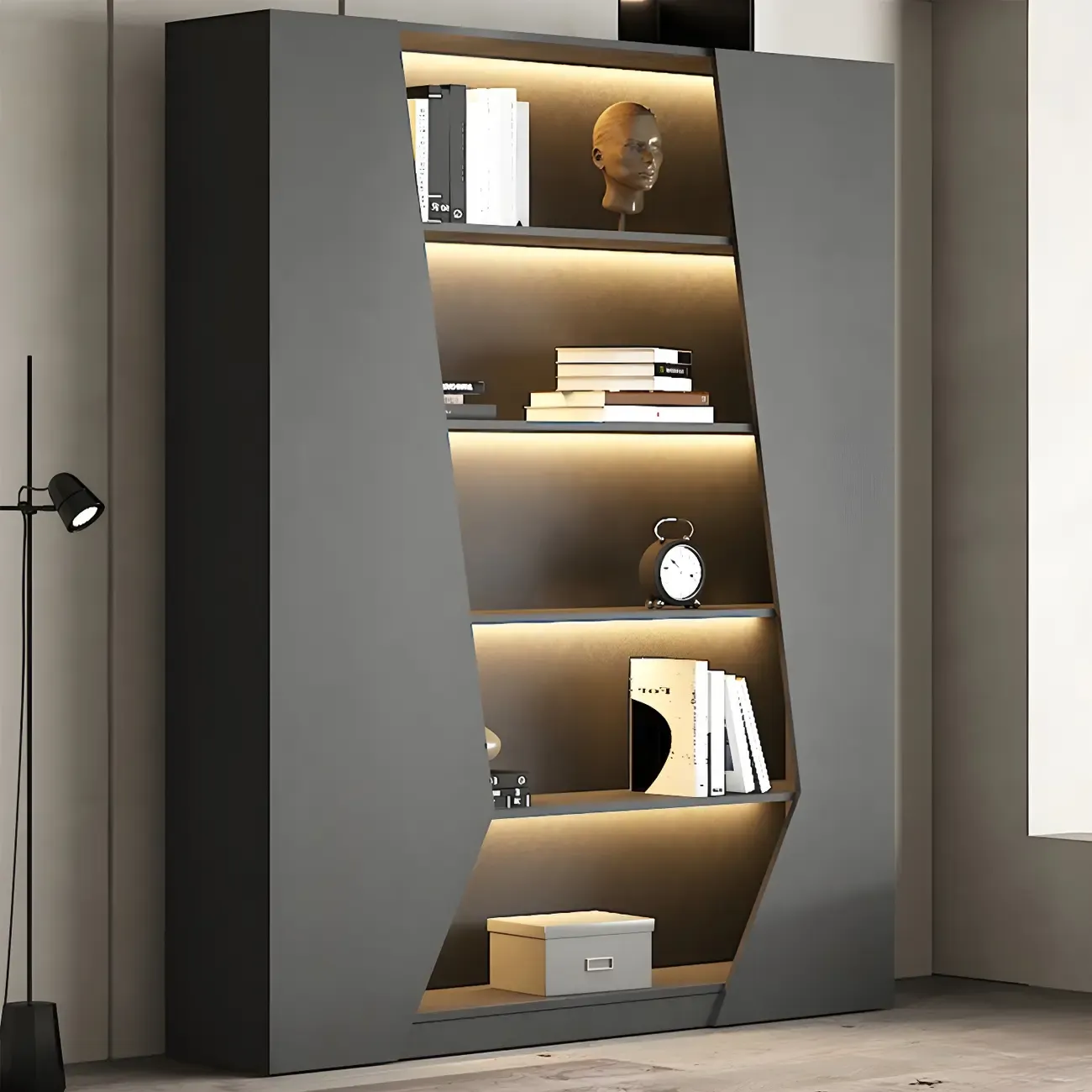 Contemporary Grey Wooden Display Cabinet with LED Shelves Image - 8