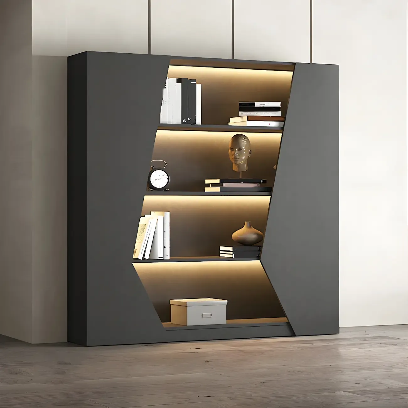 Contemporary Grey Wooden Display Cabinet with LED Shelves Image - 9