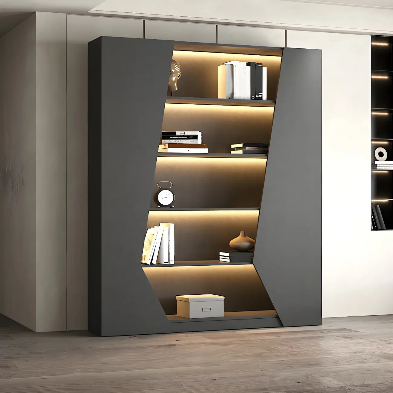 Contemporary Grey Wooden Display Cabinet with LED Shelves Image - 11 | homeyfad