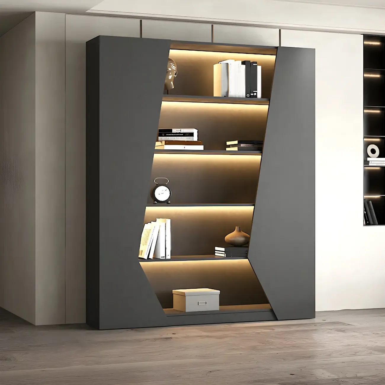Contemporary Grey Wooden Display Cabinet with LED Shelves Image - 11