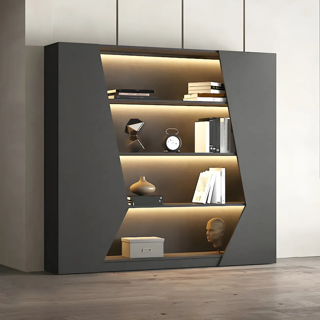 Contemporary Grey Wooden Display Cabinet with LED Shelves Image - 12