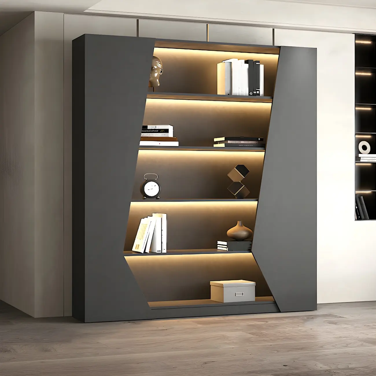 Contemporary Grey Wooden Display Cabinet with LED Shelves Image - 13 | homeyfad