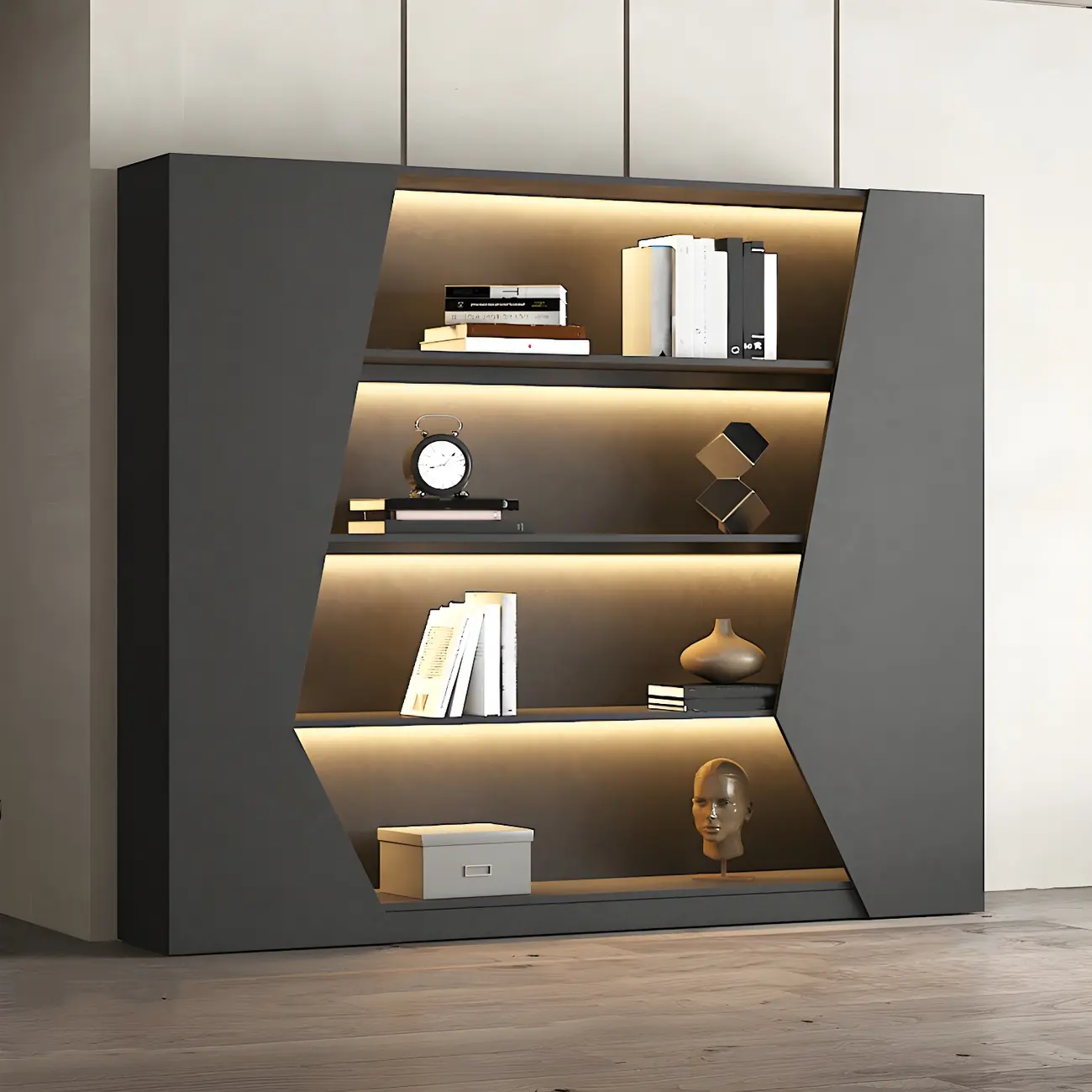 Contemporary Grey Wooden Display Cabinet with LED Shelves Image - 14 | homeyfad
