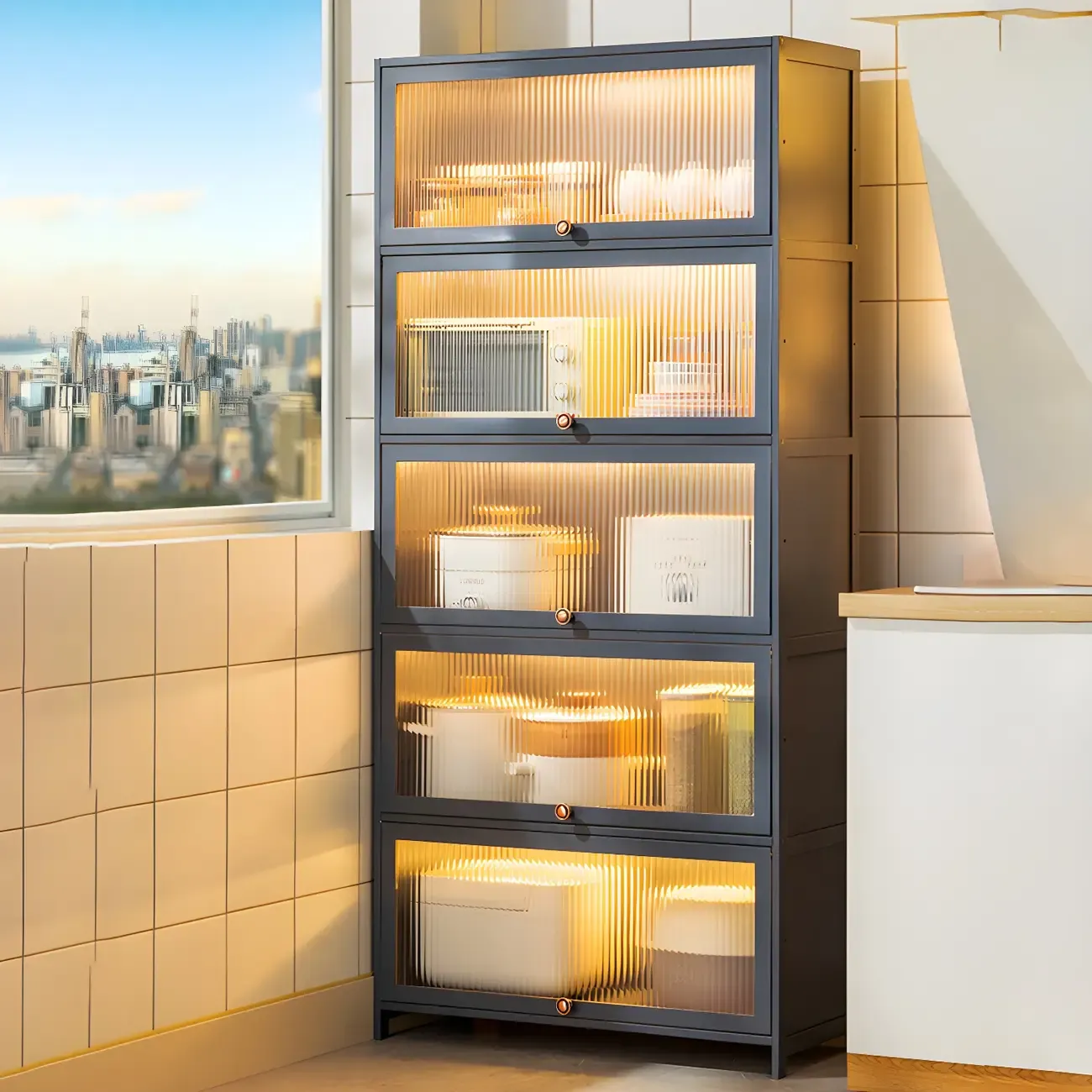 Stylish Steel Display Cabinet with Glass Doors for Kitchen Image - 1