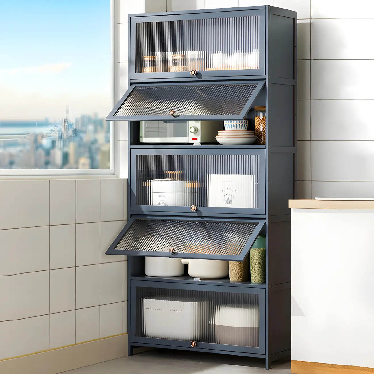 Stylish Steel Display Cabinet with Glass Doors for Kitchen Image - 2 | homeyfad