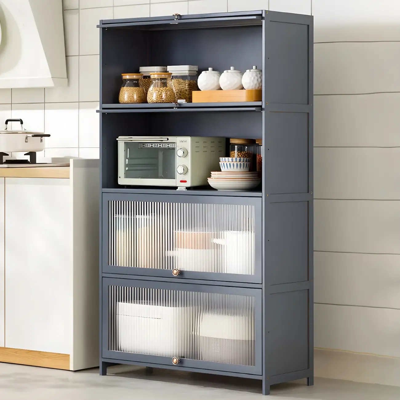 Stylish Steel Display Cabinet with Glass Doors for Kitchen Image - 24